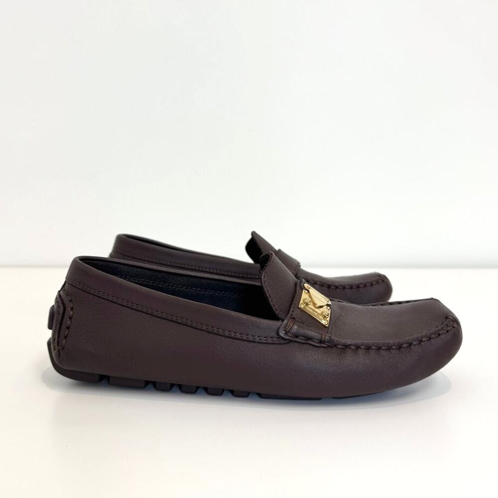 Louis Vuitton Brown Leather Driving Loafers 37.5 Rubble Sole Gold Buckle Flat LV